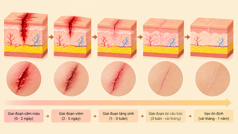 Các giai đoạn chính: Cầm máu và viêm, tăng sinh và tái cấu trúc