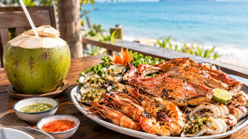 Nhiều người có thói quen uống nước dừa cùng lúc với bữa ăn hải sản