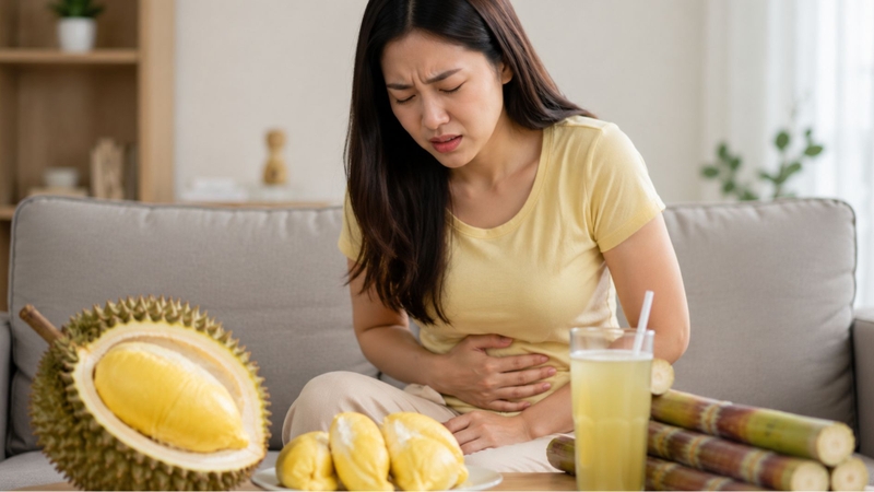Ăn quá nhiều sầu riêng kèm nước mía có thể gây đầy bụng và khó tiêu