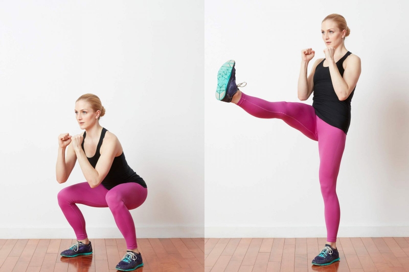 Bài tập thể dục squat đá chân yêu cầu tư thế đứng thẳng, hai chân rộng bằng vai, lưng thẳng và hai tay chắp trước ngực