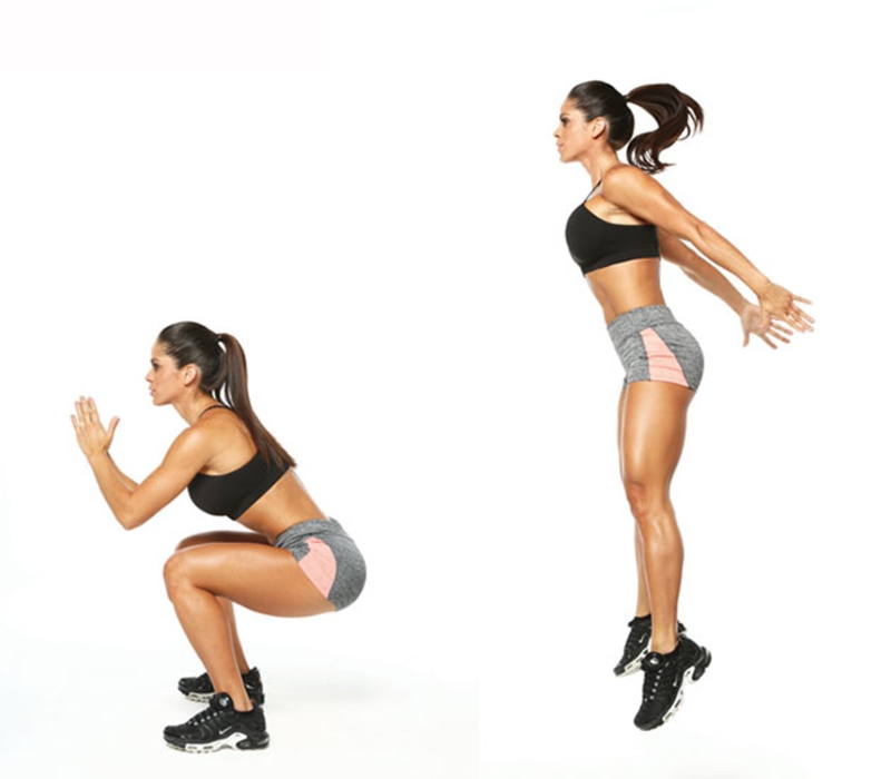 Bài tập Jump Squat kết hợp bật nhảy nhờ lực của cả 2 chân giúp vòng 3 và cơ đùi săn chắc hơn