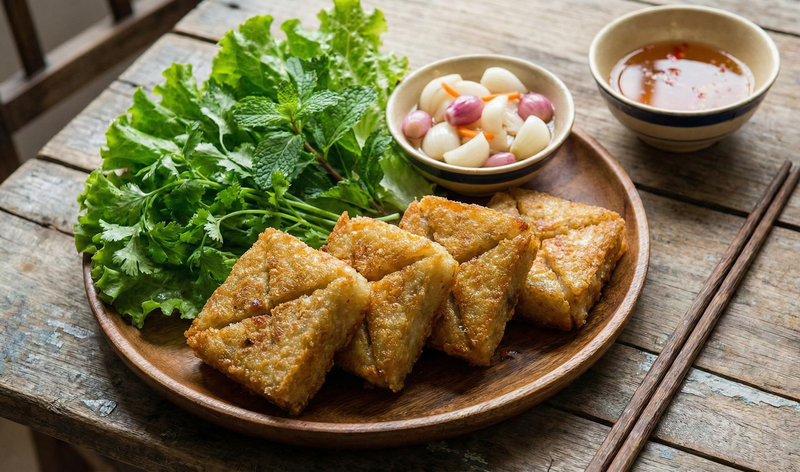 Bánh chưng rán nên ăn kèm rau xanh và dưa hành