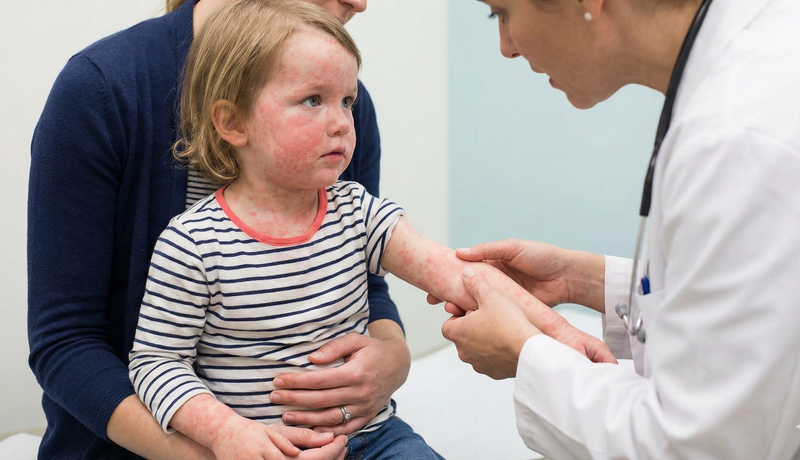 Phát ban ở sởi dạng sần, mọc theo thứ tự từ sau tai lan dần xuống mặt và toàn thân