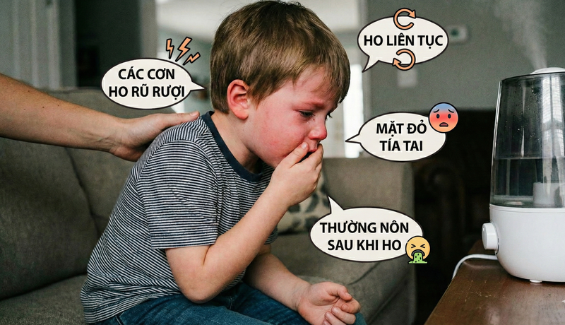 Cơn ho do ho gà dồn dập, kéo dài thành từng tràng và có tiếng rít khi hít vào