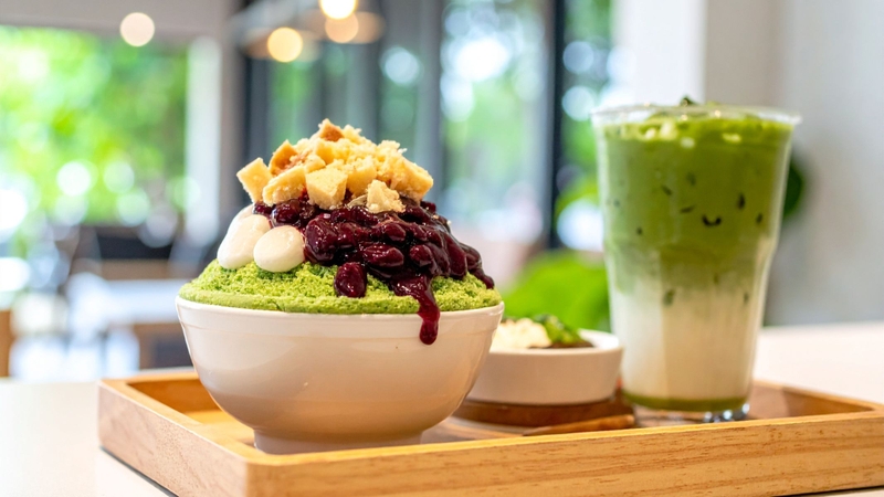 Bingsu matcha là sự kết hợp của đá bào pha matcha, đậu đỏ và đôi khi có thêm bánh mochi