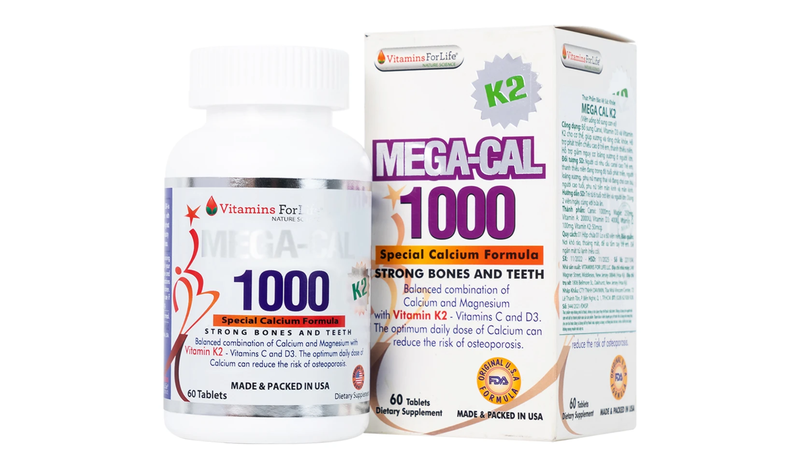 Mega-Cal 1000 K2 bổ sung hàm lượng canxi cao kết hợp vitamin K2, hỗ trợ tăng cường sức khỏe xương