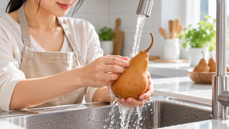 Rửa lê dưới vòi nước sạch giúp loại bỏ bụi bẩn và bảo đảm vệ sinh trước khi ăn