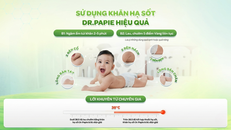 Cách sử dụng khăn hạ sốt Dr.Papie khá đơn giản, thuận tiện