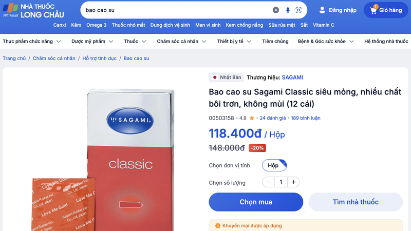 Cách mua bao cao su online tại Nhà thuốc Long Châu khá dễ dàng
