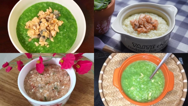 Món cháo cá hồi với rau mồng tơi