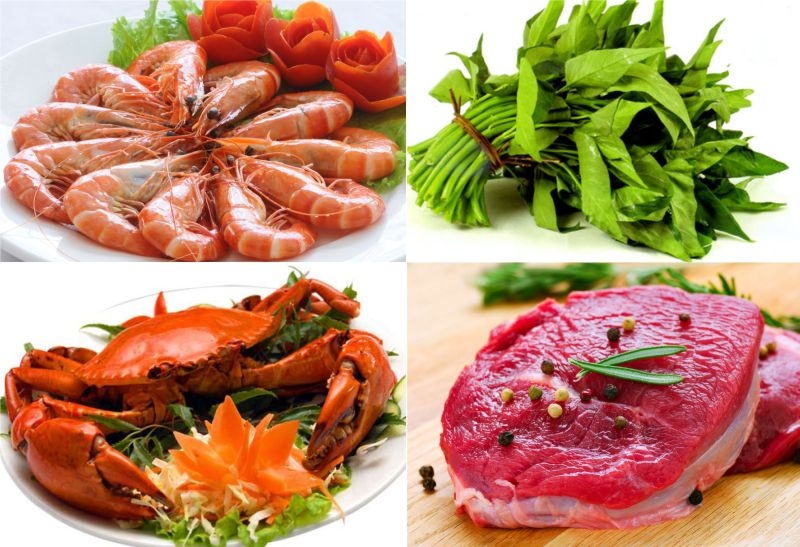 Những thực phẩm không tốt cho mí mắt sau phẫu thuật như rau muống, hải sản,...