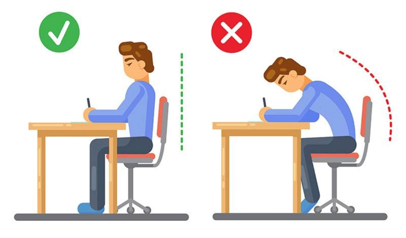 Ngồi học thẳng lưng, không gù, không nghiêng lệch sang một bên