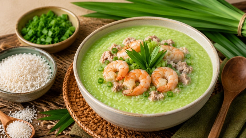 Cháo lá dứa kết hợp thịt, tôm và rau củ phù hợp cho người mới ốm dậy