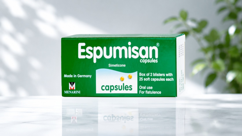 Espumisan 40 mg chứa simethicone, giúp làm giảm các triệu chứng đầy hơi, chướng bụng