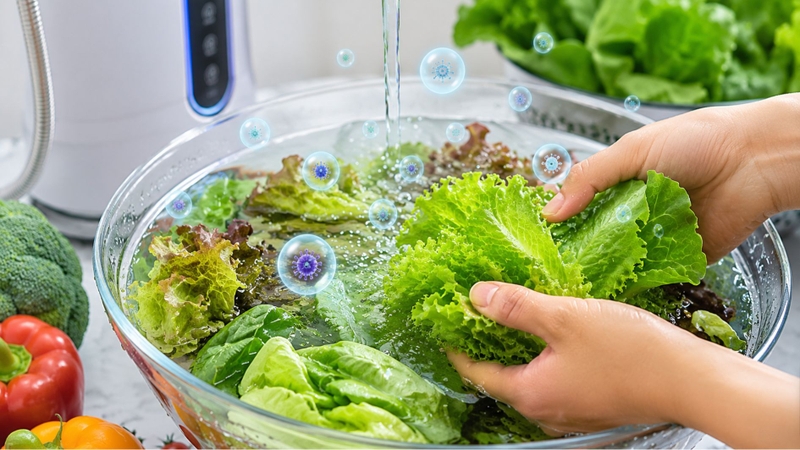 Rau ăn lá nên ngâm rửa kỹ bằng nước ion kiềm để làm sạch và giảm vi khuẩn