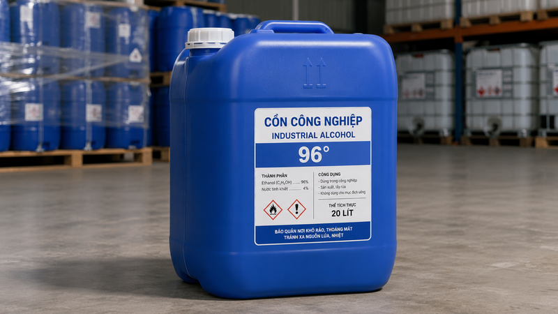 Cồn công nghiệp thường có nhãn cảnh báo về cháy nổ và độc tính