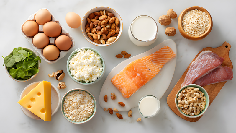 Bổ sung canxi qua chế độ ăn như sữa, phô mai, cá hồi, rau xanh