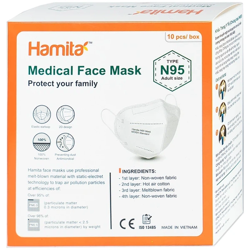Khẩu trang y tế Hamita N95 ngăn ngừa giọt bắn, khói bụi, kháng khuẩn (10 cái) 1