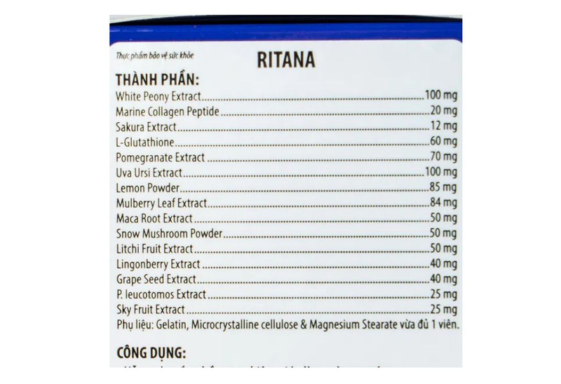 Review bảng thành phần của viên uống trắng da Ritana