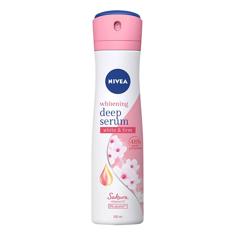 Xịt khử mùi Nivea serum trắng mịn hương hoa Sakura không chứa cồn, giúp da thoáng khí, giảm mồ hôi hiệu quả