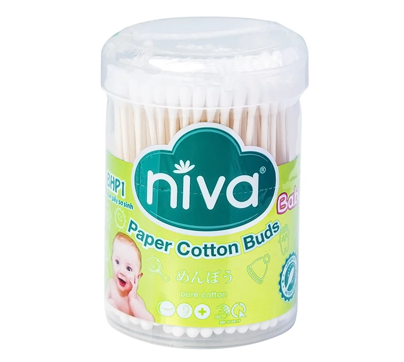 Tăm bông Niva Baby BHP1 hũ xoay hỗ trợ vệ sinh tai, mũi, vết thương cho bé (200 que giấy)