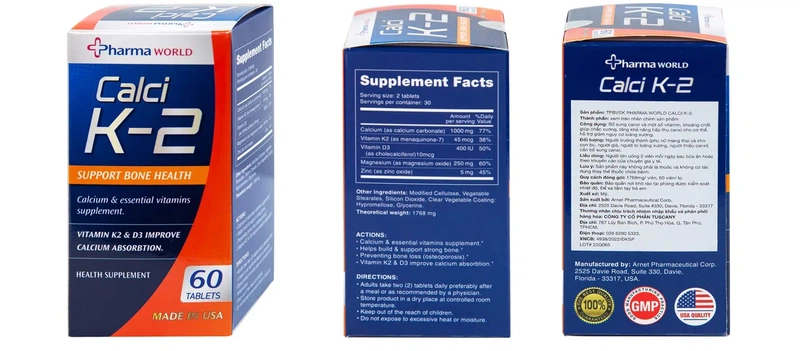 Thông tin viên uống bổ sung Canxi, giảm nguy cơ loãng xương Pharma Word Calci K-2 60V 3