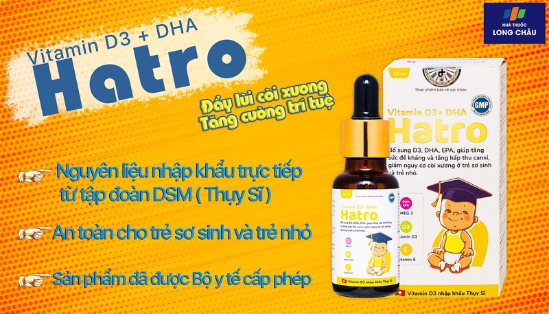 Dung dịch uống chắc khỏe xương, tăng đề kháng ở trẻ Hatro Vitamin D3+ DHA 20ml 2