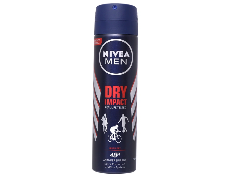 Xịt khử mùi Nivea Men Dry Impact có công thức chứa muối nhôm giúp hạn chế mùi mồ hôi hiệu quả