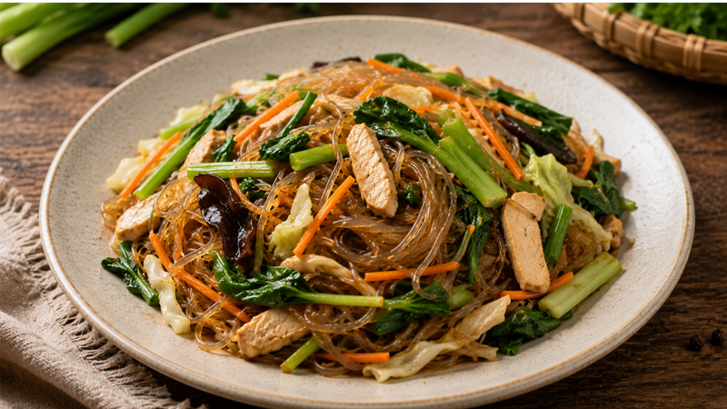 Miến kết hợp rau xanh và protein giúp bữa ăn cân bằng và no lâu hơn