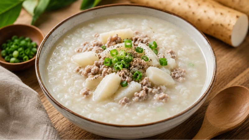 Cháo củ mài thịt băm cân bằng dinh dưỡng