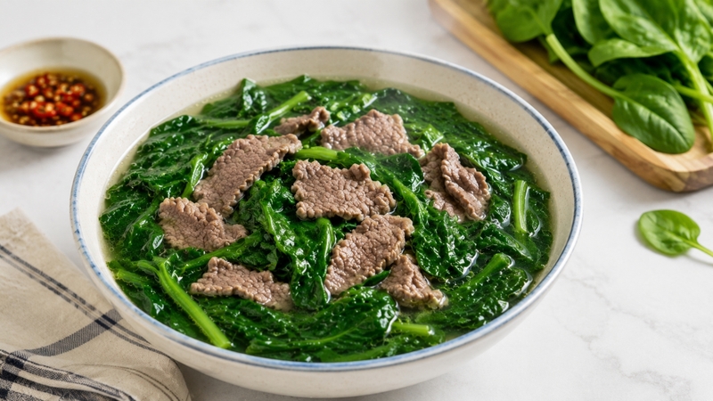 Canh cải bó xôi nấu thịt bò là món canh giàu dinh dưỡng nhờ sự kết hợp giữa rau xanh và nguồn đạm động vật