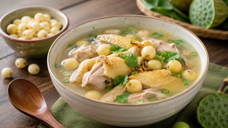 Canh hạt sen nấu gà là món ăn có vị thanh ngọt, kết hợp giữa nguồn đạm động vật và thực phẩm giàu dưỡng chất từ thực vật