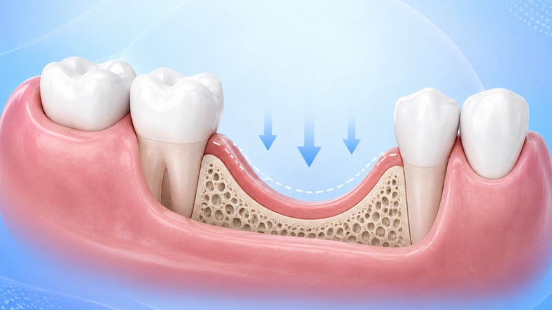 Xương hàm tại vị trí mất răng bị thu hẹp dần là một trong những hình ảnh về tiêu xương ổ răng dễ nhận biết