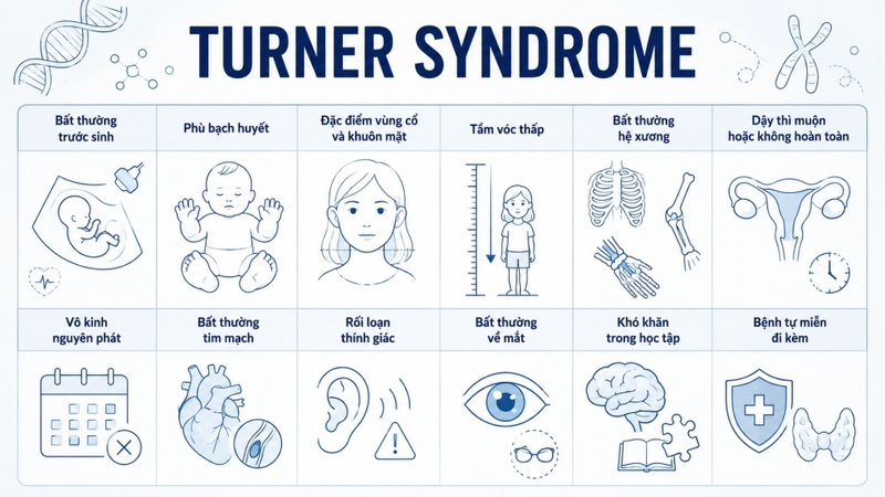 Các dấu hiệu và triệu chứng của hội chứng Turner khá đa dạng