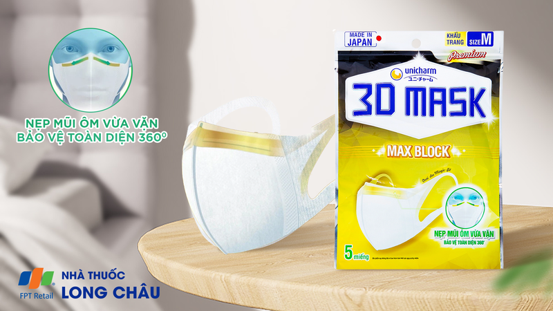 KHẨU TRANG UNICHARM 3D MASK MAX BLOCK - NẸP MŨI SIÊU BẢO VỆ SIZE M GÓI 5 CÁI 2