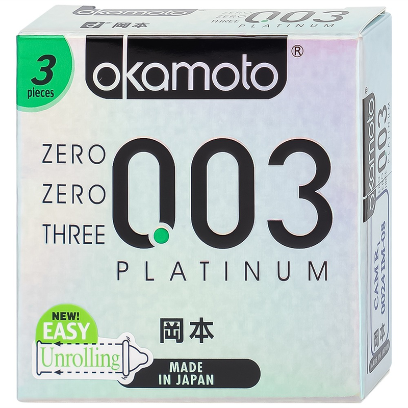 Bao cao su Okamoto 0.03 Platinum trong suốt, mềm mại, dùng để phòng tránh thai và ngăn ngừa HIV (3 cái) 1