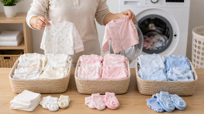 Phân loại quần áo là bước đầu trong cách giặt đồ sơ sinh mới mua về
