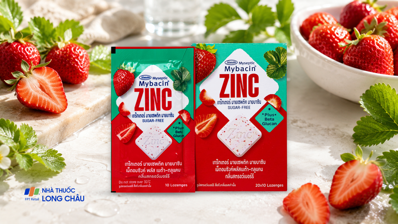 Kẹo ngậm bổ sung kẽm không đường Mybacin ZinC Plus hương dâu tây