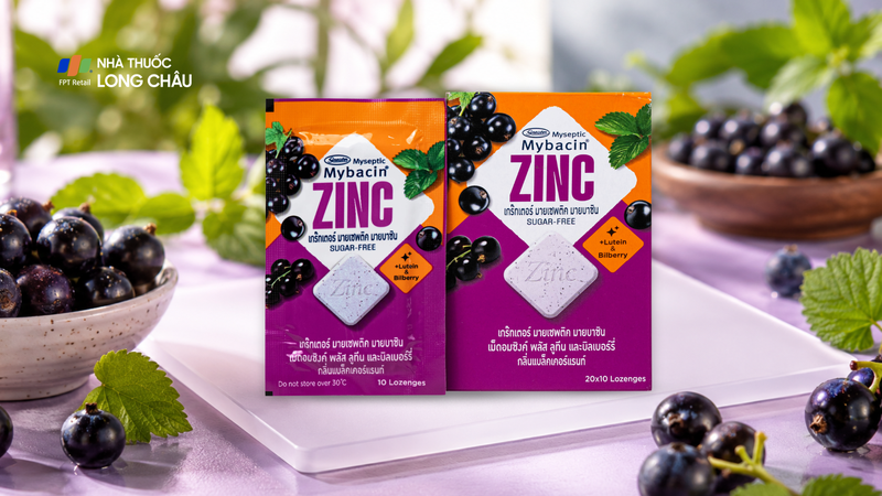 Kẹo ngậm bổ sung kẽm không đường hương nho đen Mybacin ZinC Plus (20 gói x 9.4g)