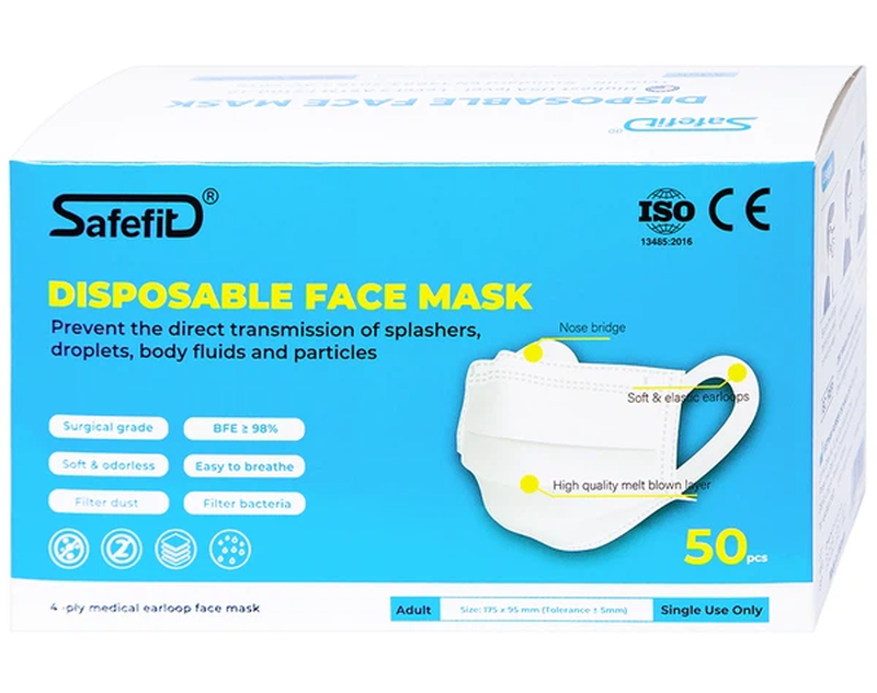 Khẩu trang y tế Safefit màu trắng 4 lớp ngăn ngừa vi khuẩn và lọc bụi bẩn (50 cái)