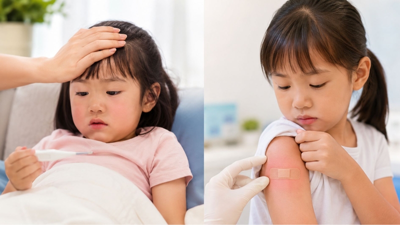 Sốt nhẹ hoặc đau tại vị trí tiêm là những phản ứng thường gặp sau tiêm chủng