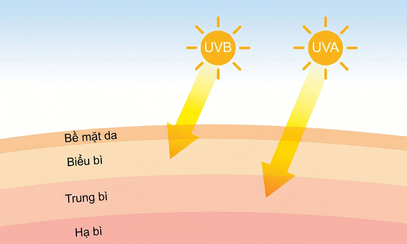 Tia UVA xuyên sâu vào trung bì gây ra hiện tượng lão hóa sớm