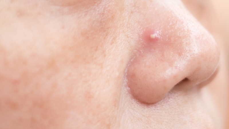 Ổ viêm trong mụn bọc tích tụ dịch và bạch cầu, hình thành mủ màu trắng hoặc vàng nằm sâu bên trong