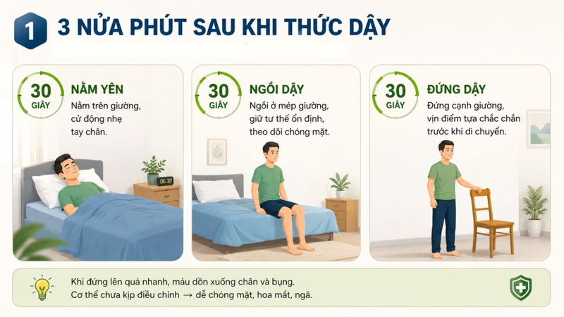 Chuyển tư thế từ từ sau khi thức dậy giúp hạn chế hoa mắt, chóng mặt