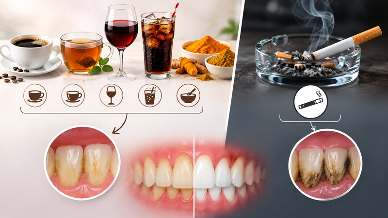 Thực phẩm sẫm màu và nicotin trong thuốc là nguyên nhân làm răng đổi màu