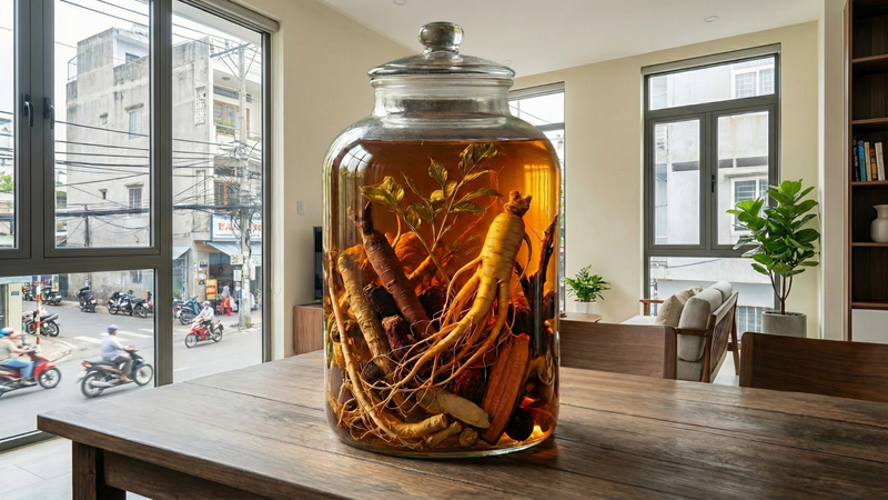 Rượu được ngâm với nhiều loại thảo dược như ba kích tím, hồng kỳ nam,...