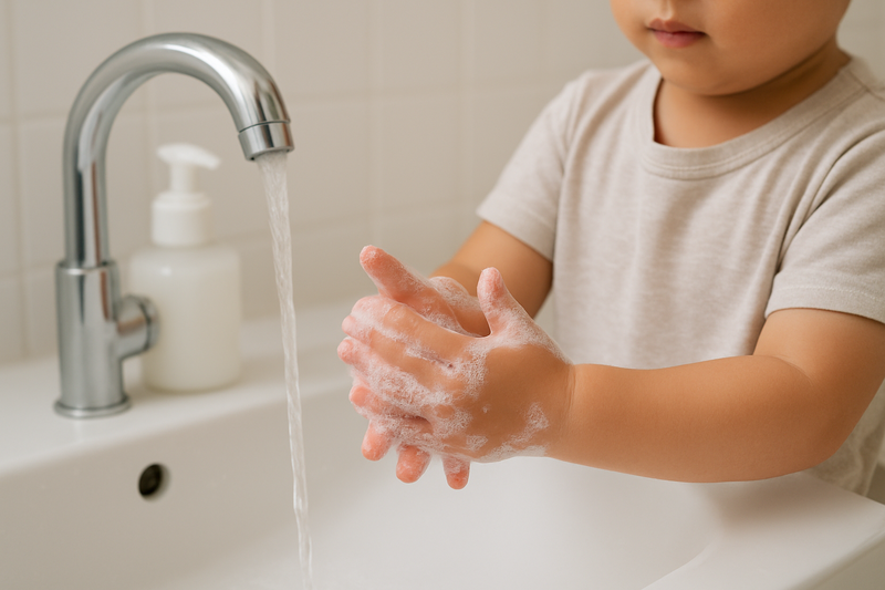 Phụ huynh nên hướng dẫn trẻ rửa tay sạch sẽ trước khi ăn và sau khi đi vệ sinh