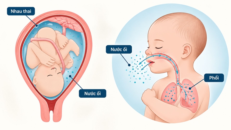 Nước ối lẫn phân su có thể làm tăng nguy cơ trẻ hít phải phân su vào phổi, gây suy hô hấp sau sinh