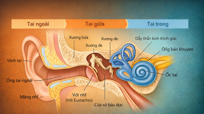 Tai tiếp nhận âm thanh và xử lý thông tin theo trình tự từ tai ngoài, tai giữa đến tai trong