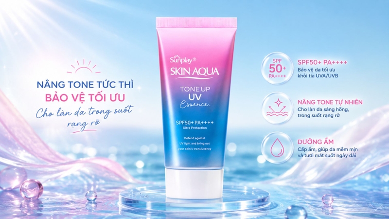 Top kem chống nắng nâng tone có finish trắng hồng, mịn lì